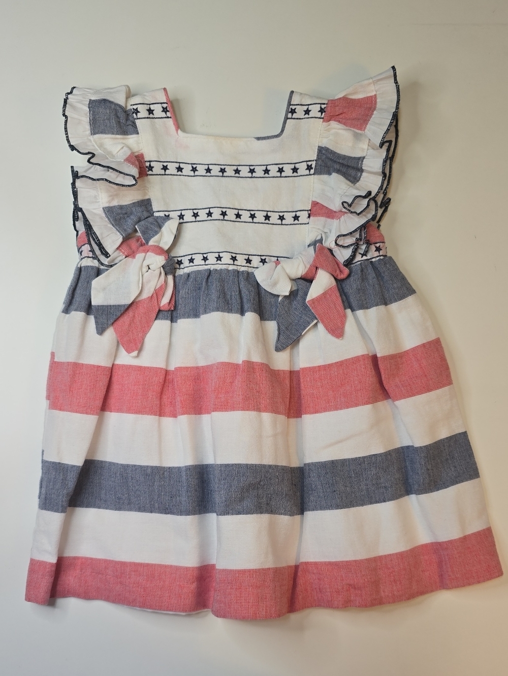 Red, Blue & White Striped Ruffle Dress